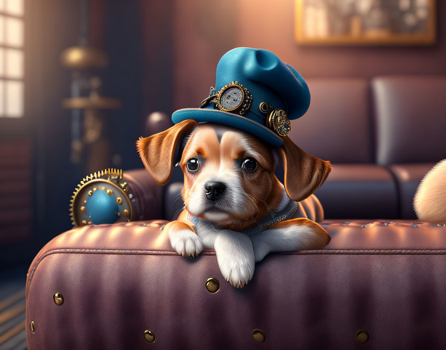 Adorable puppy in steampunk blue hat on leather couch