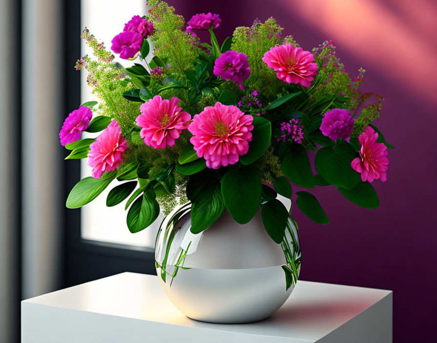 Pink Flowers Bouquet in White Vase on Table with Window Background