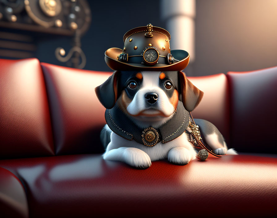 Whimsical 3D illustration: Puppy in steampunk hat on leather couch