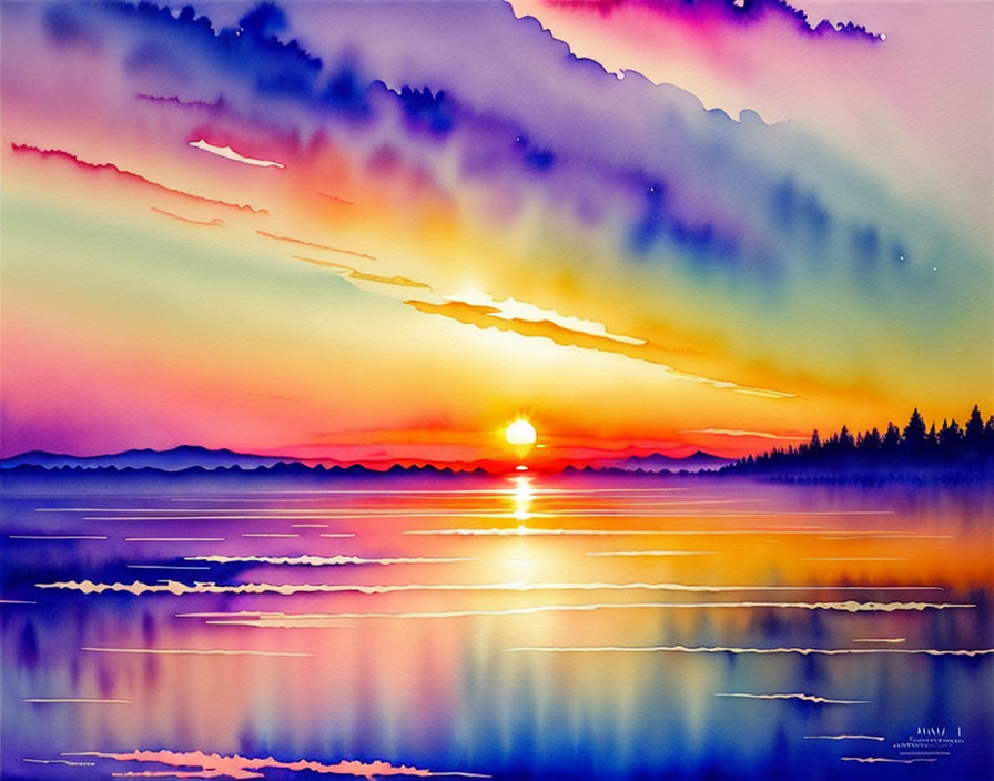 Colorful Watercolor Painting of Sunset with Purple and Pink Clouds