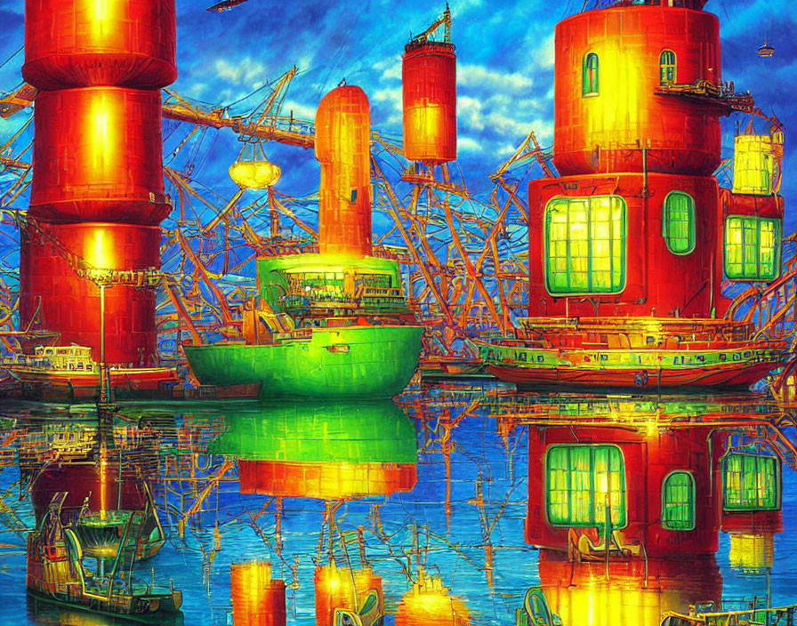 Multicolored cylindrical buildings in futuristic cityscape