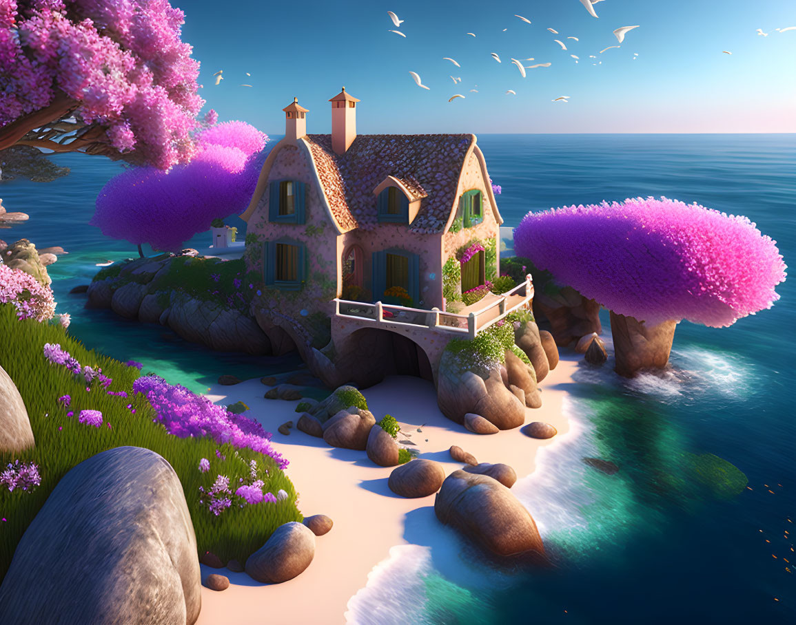 Stone cottage on seaside cliff with purple trees and ocean view.
