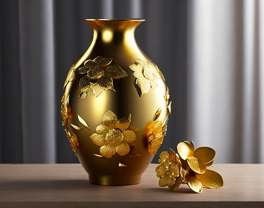 Golden vase with floral patterns and matching ornament on wooden surface
