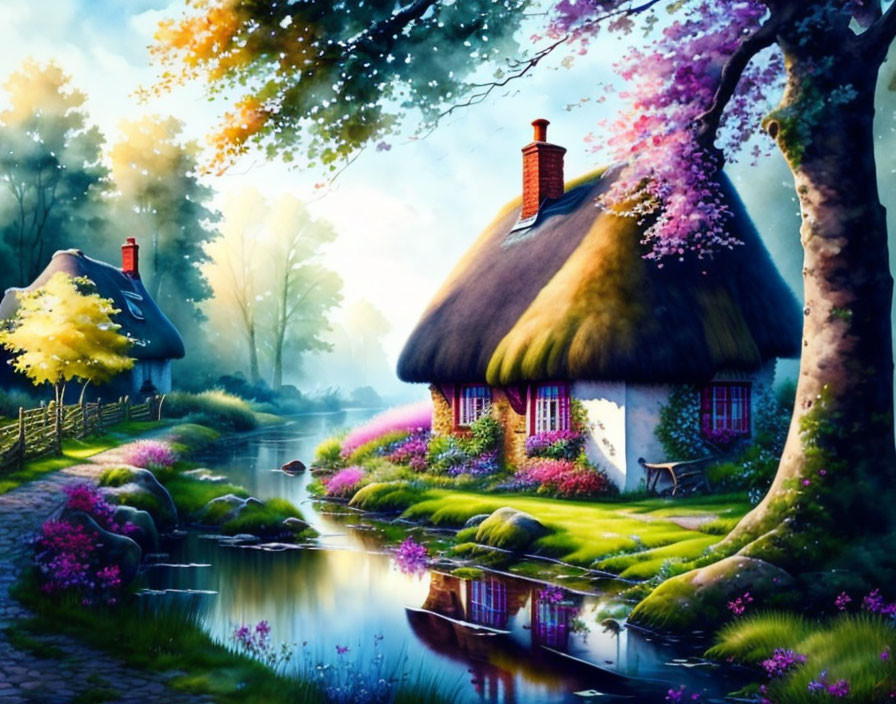 Tranquil fantasy scene: thatched-roof cottages, stream, lush greenery, vibrant