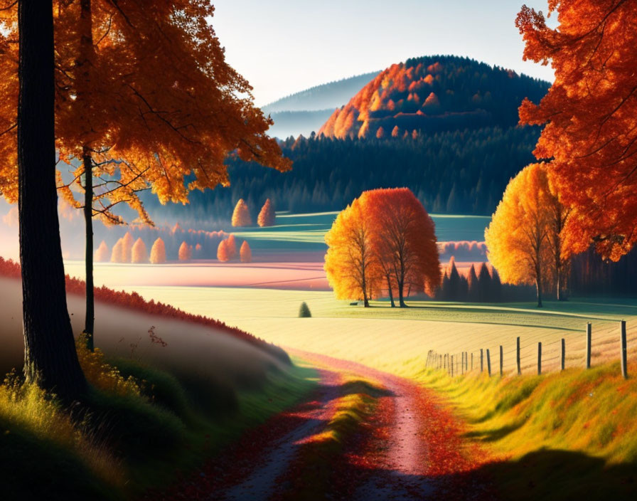 Vibrant autumn landscape: orange and red trees, winding road, rolling hills