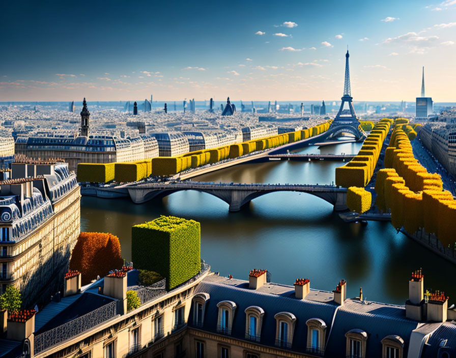 Cityscape of Paris with Eiffel Tower, river, and surreal tree-like structures