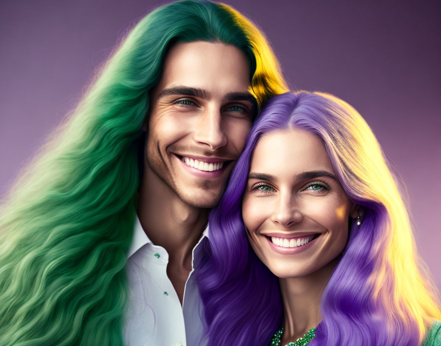 smiling couple,woman with long hair, in lilac gree
