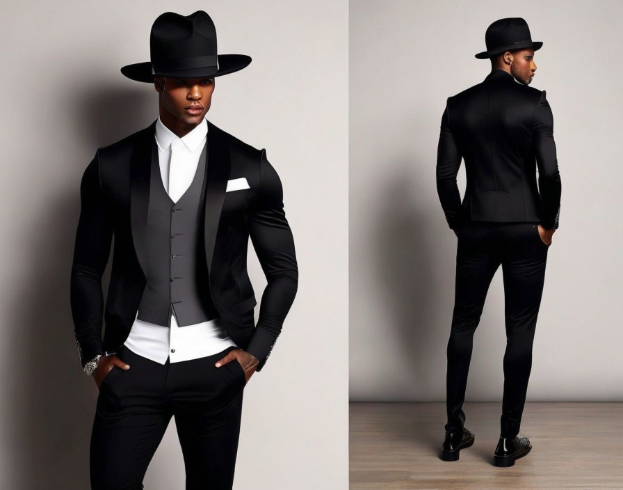 Stylish Black Suit with White Shirt and Wide-Brimmed Hat Dual Views