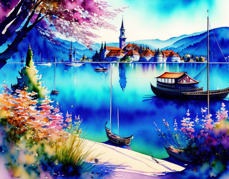 Serene lakeside scene with boats and blossoming trees