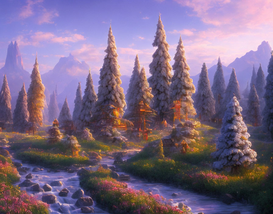 Snow-capped coniferous trees in serene fantasy landscape