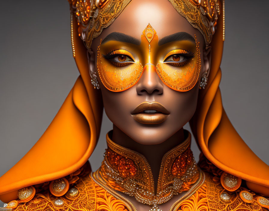 Digital artwork of woman with golden jewelry & warm orange hues