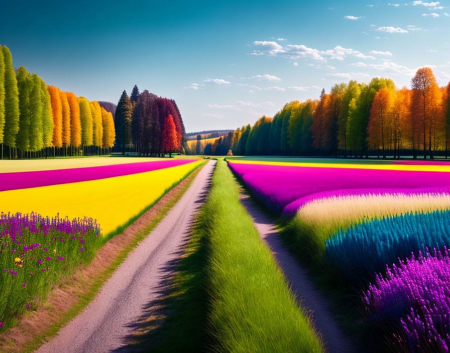 Colorful Flower Fields and Autumn Trees in Vibrant Landscape