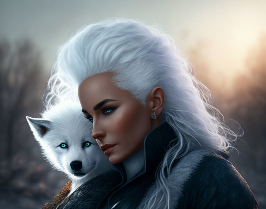 White-Haired Woman and Blue-Eyed Fox Bond in Dusky Landscape