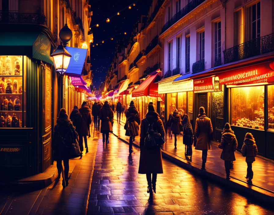 Night city street with illuminated shop fronts and pedestrians under warm street lights