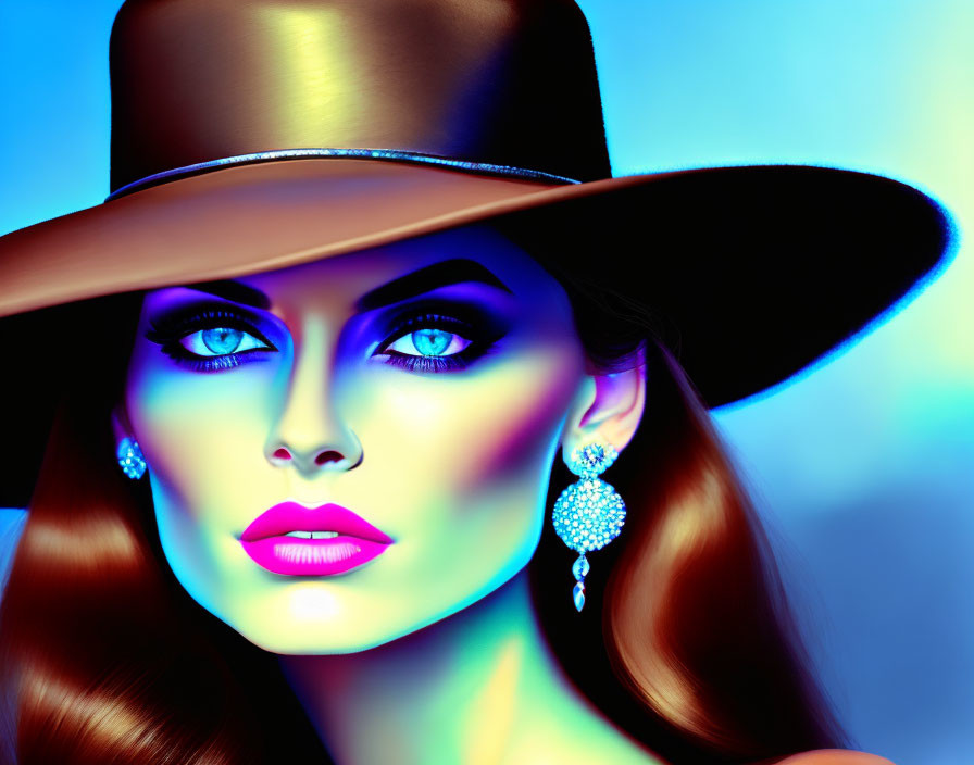 Digital artwork featuring woman with blue eyes, large hat, pink lipstick, and earrings on colorful background.