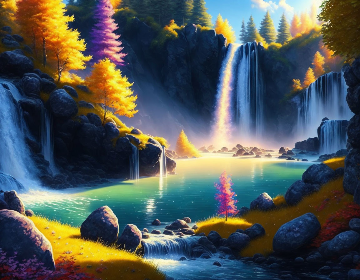 Tranquil landscape with waterfalls, lake, autumn trees, misty ambiance