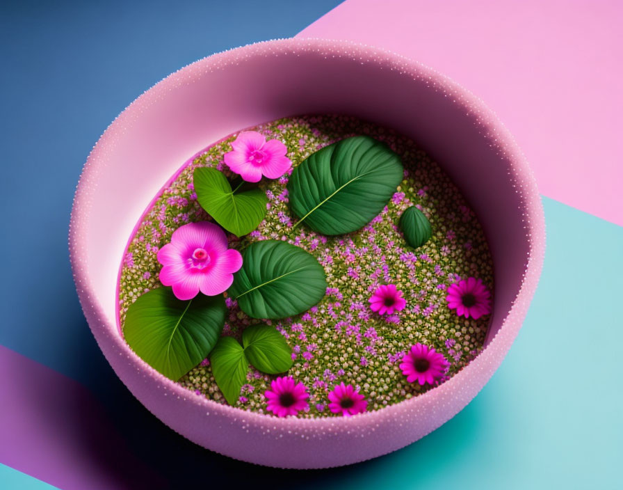 Pink bowl with water, green leaves, pink flowers on blue and pink background