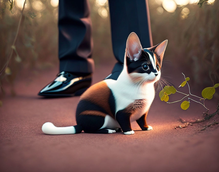 Tricolor kitten beside black shiny shoes on path, twig and leaves in foreground