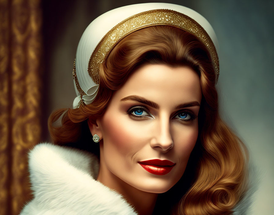 Illustration of woman with wavy hair, blue eyes, red lips, white hat, fur coat