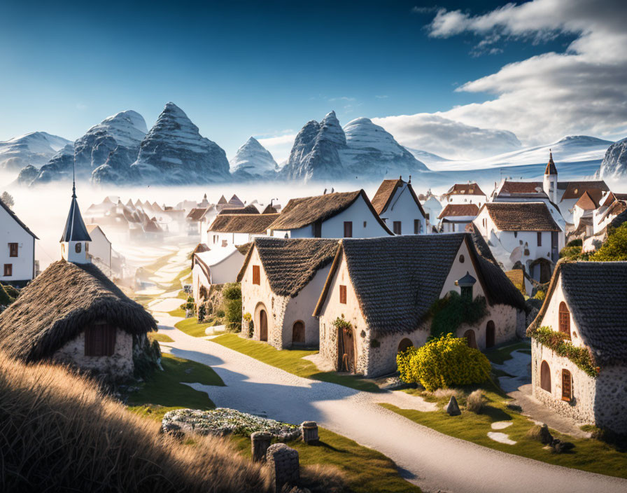 Scenic village with thatched-roof houses, church spire, snowy mountains