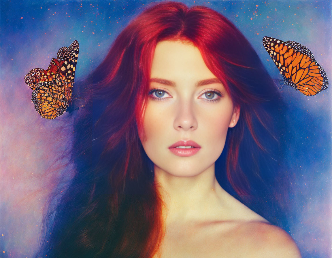 Portrait of Woman with Red Hair and Blue Eyes Surrounded by Butterflies on Starry Background