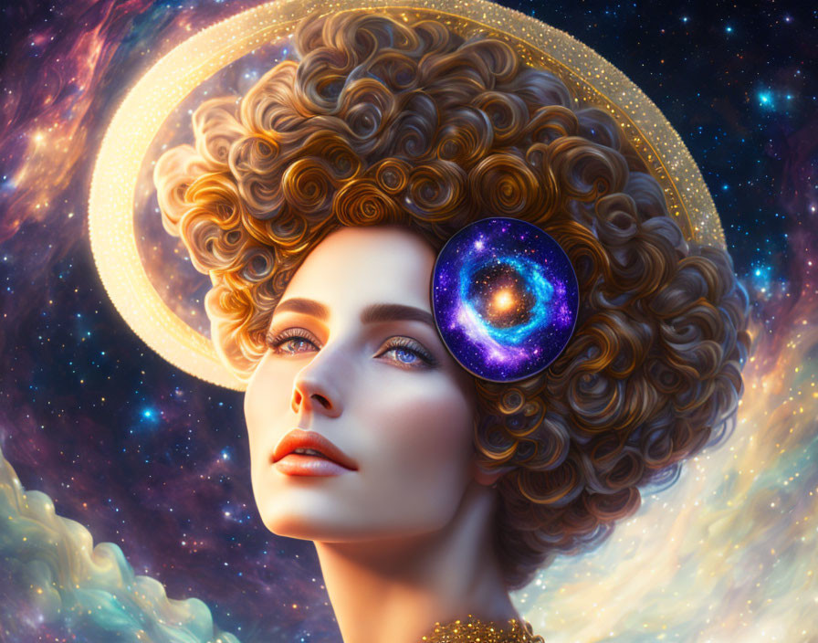 woman wears a halo and her hair is the night sky