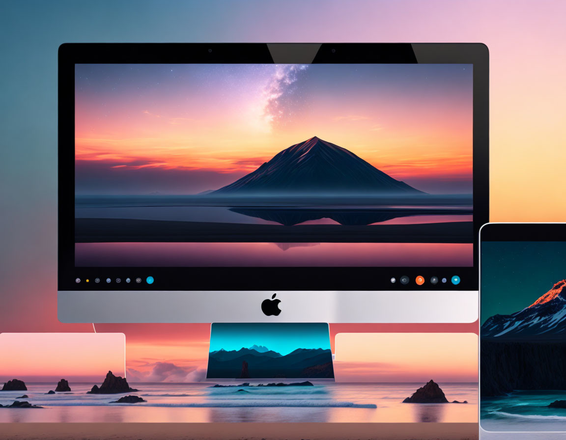 Digital mockup: Apple devices showcase serene mountain landscapes with vibrant sunset hues reflected in tranquil waters.