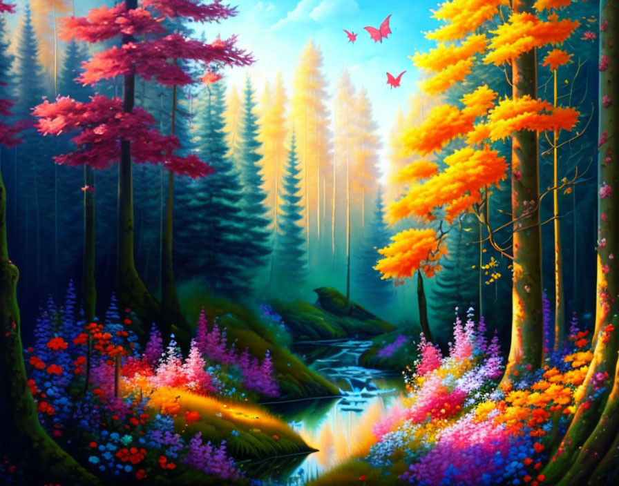 Colorful Fantasy Forest with Stream, Flowers, and Butterflies