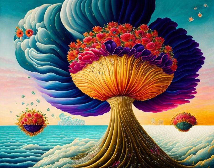 Colorful surreal painting: golden tree with blue cloud canopy