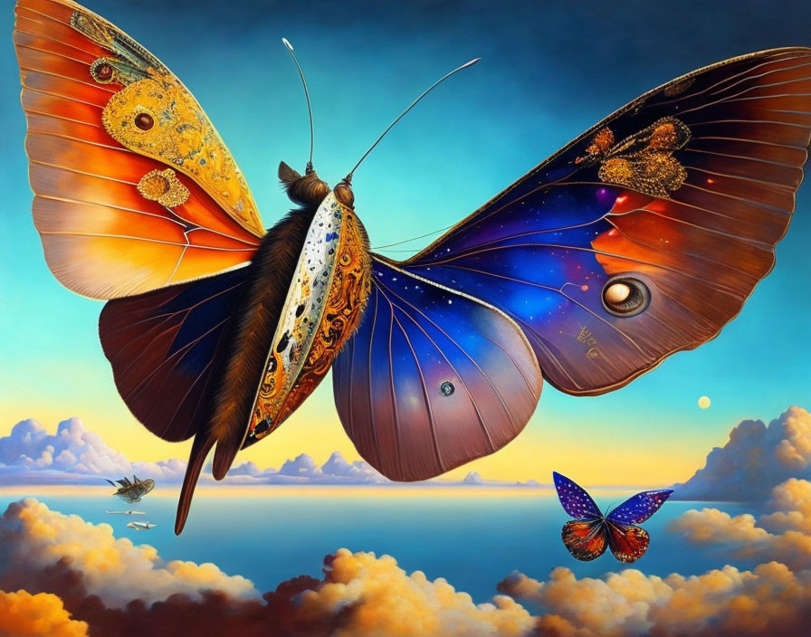 Colorful Butterfly Artwork with Cosmic Patterns in Surreal Sky