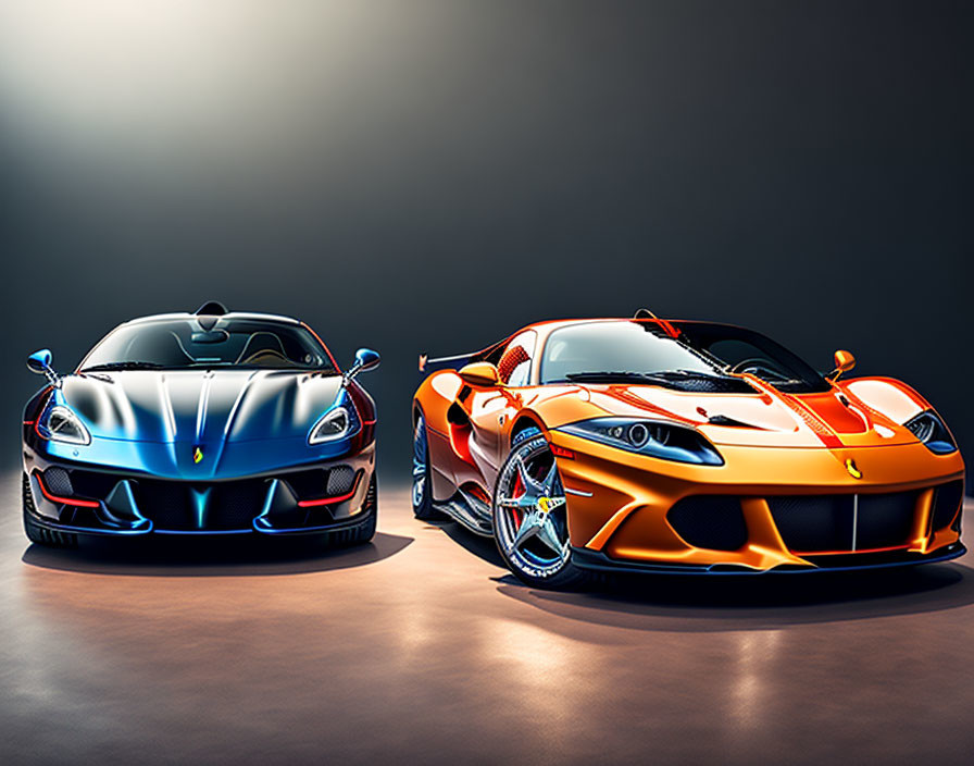 Shiny blue and orange sports cars under dramatic lighting