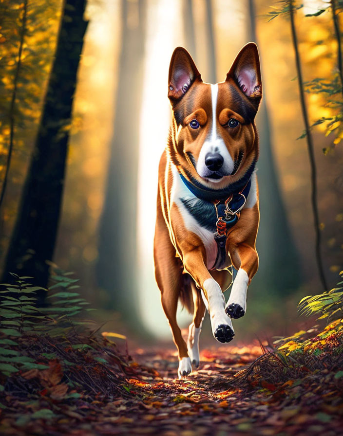 Brown and White Dog Running in Sunlit Autumn Forest