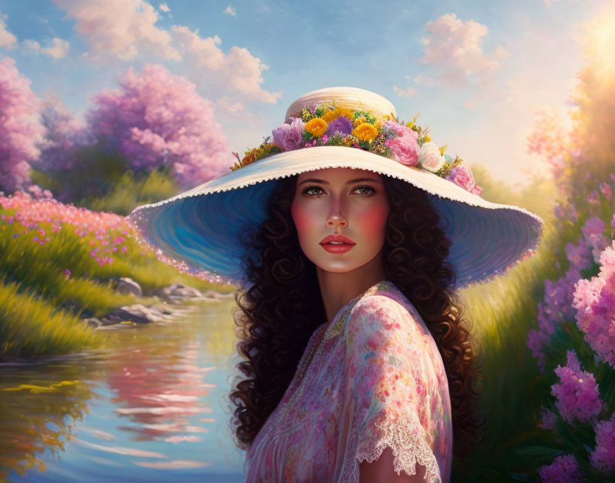 Digital artwork of woman with large floral hat near serene river