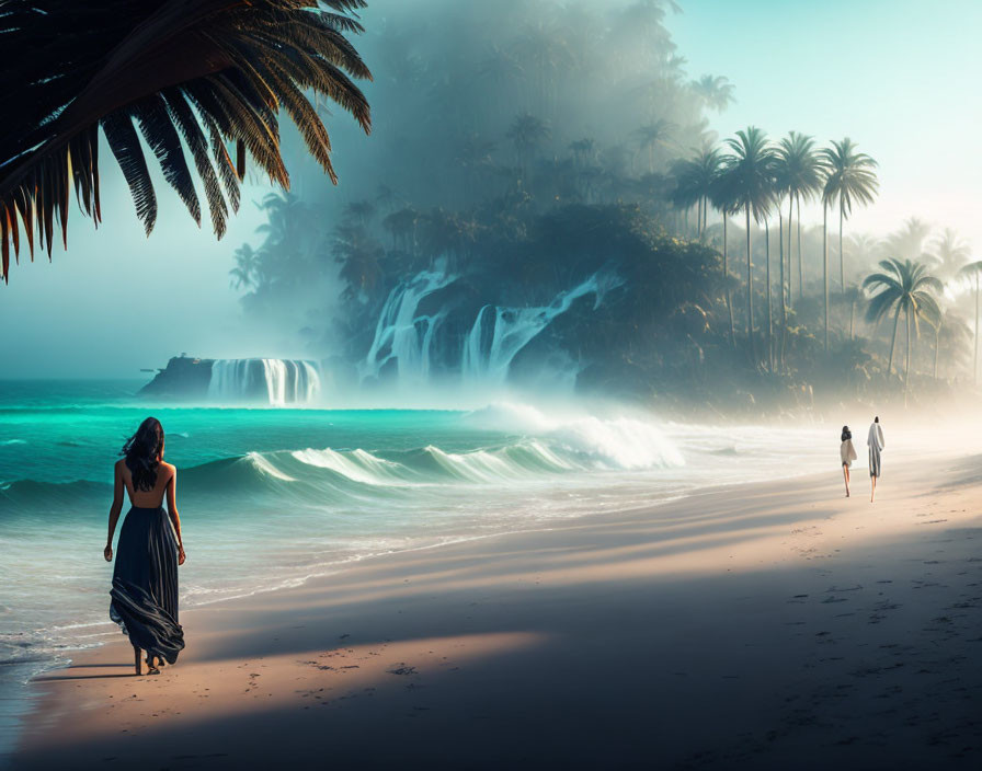 Woman in dress walking on tropical beach near waterfall with palm trees and ocean mist.