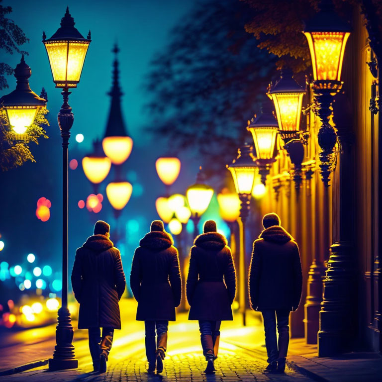 Four people walking on illuminated urban street at night