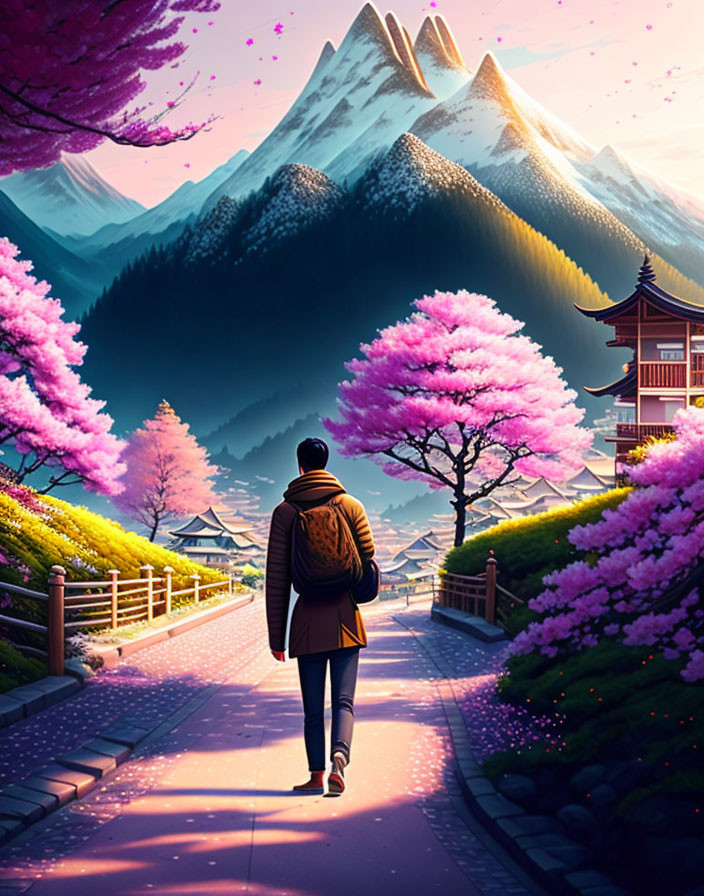 Person walking to traditional building surrounded by pink trees and mountains.