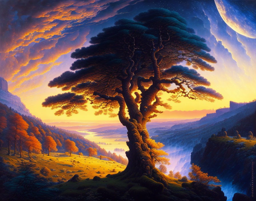 Majestic tree in vibrant fantasy landscape with river, waterfalls, cliffs, and large moon at