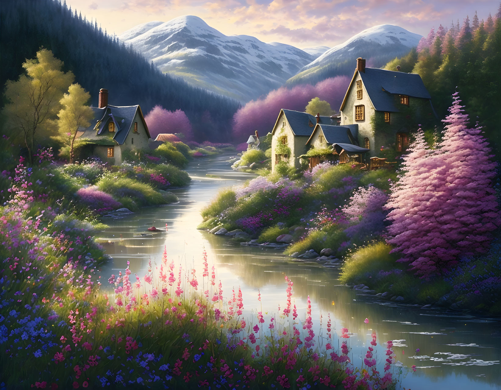 Picturesque village with thatched-roof cottages, river, flowering trees, and mountains at dusk