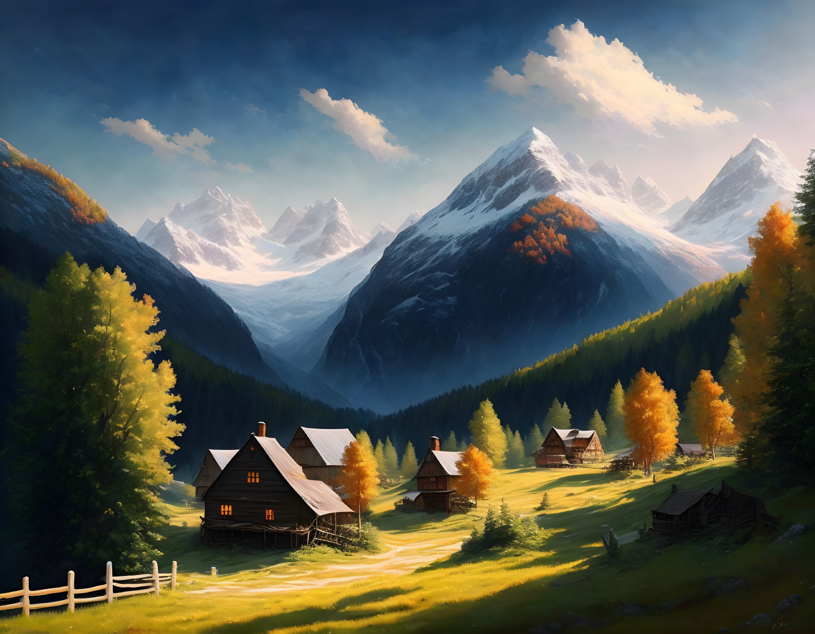 Tranquil autumn landscape with cabins, colorful trees, wooden fence, and snow-capped mountains.