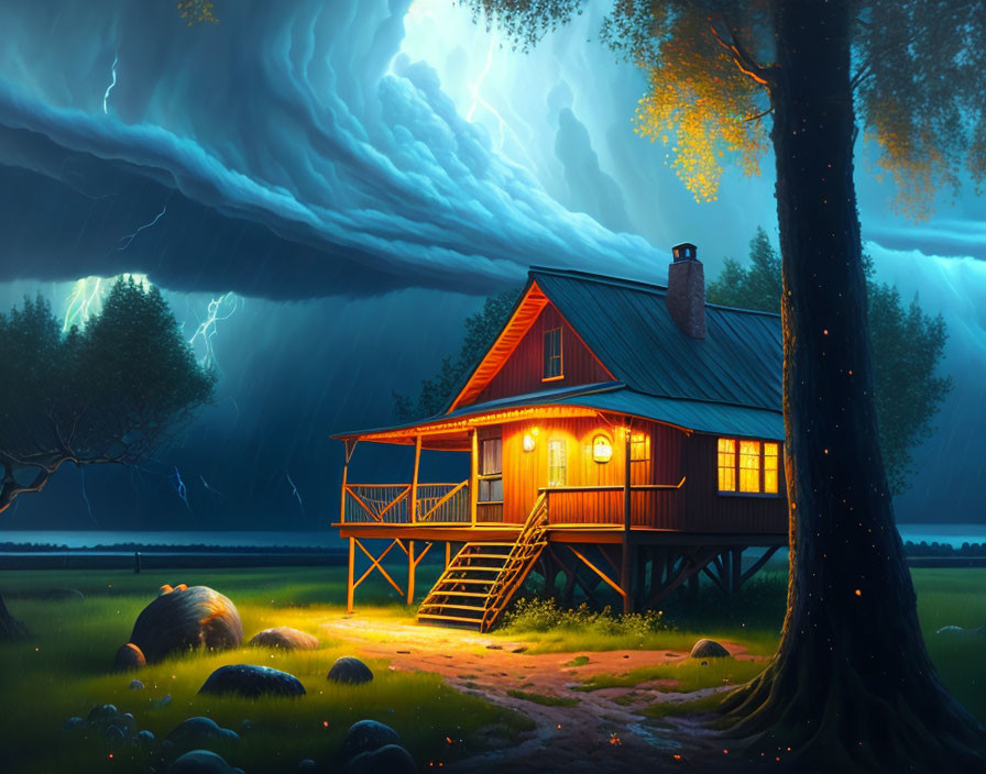 Illuminated cabin on stilts in tranquil forest under stormy night sky
