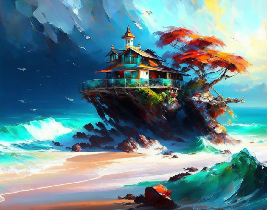 Vibrant digital painting of traditional Asian-style house by the sea