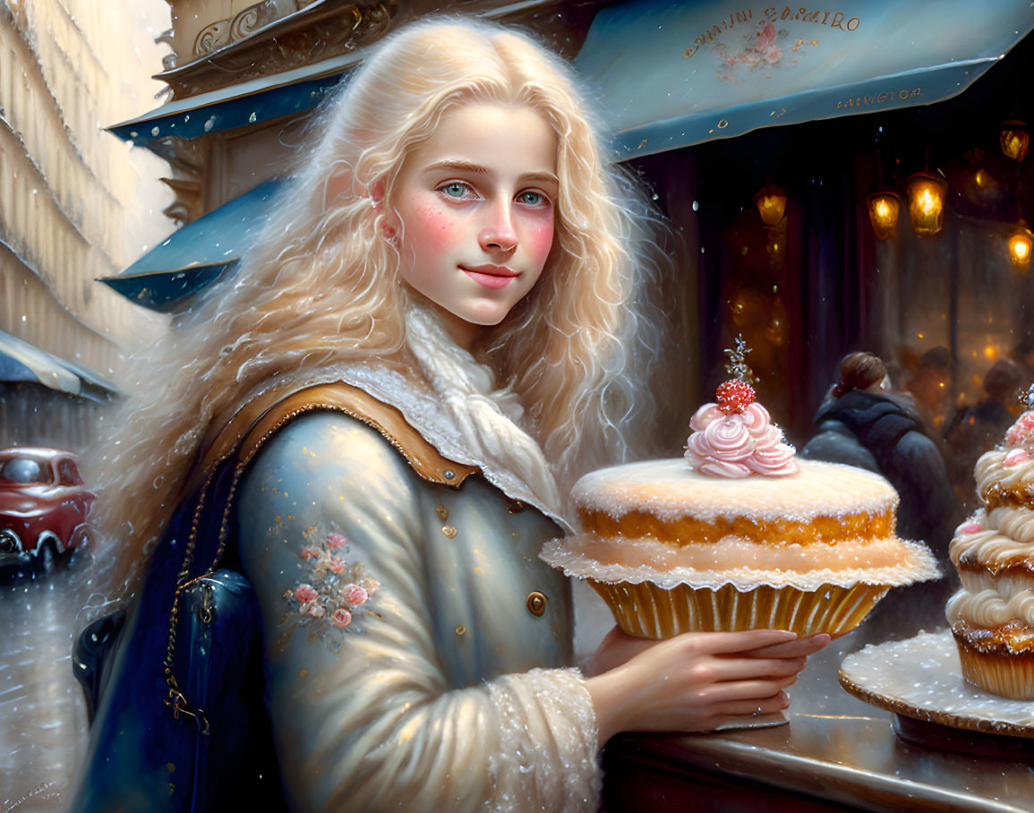 Blonde woman with cupcake in front of cozy café