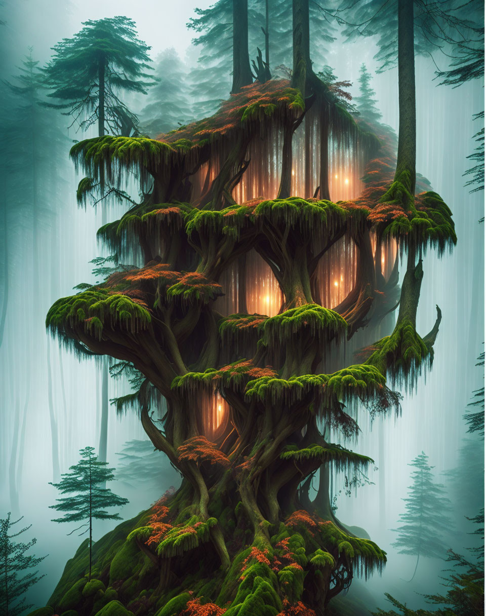 Enchanting tree with tiered platforms, warm lights, moss, and mist in forest setting