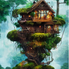 Enchanting tree with tiered platforms, warm lights, moss, and mist in forest setting