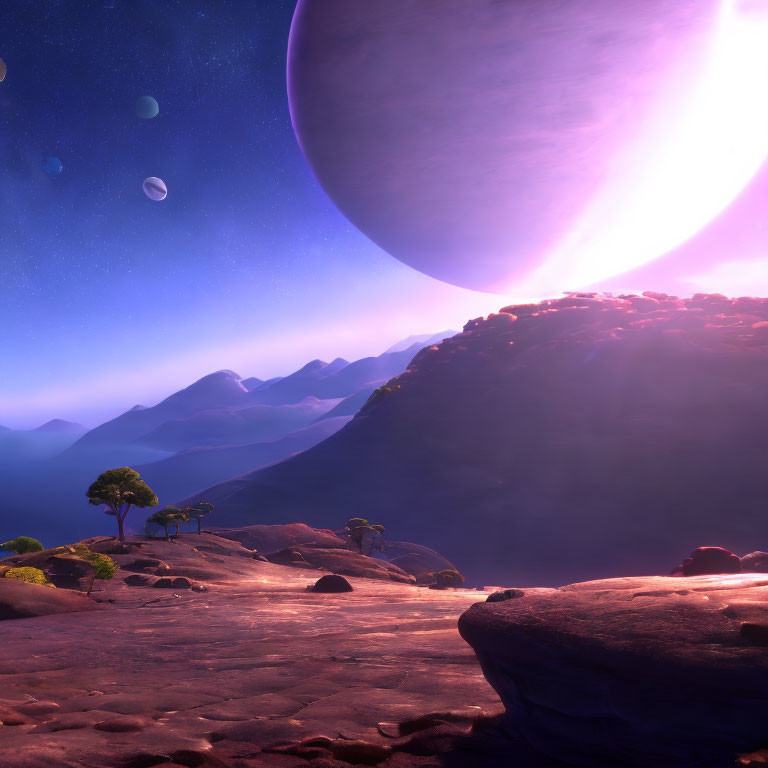 Surreal rocky terrain with sparse trees, blue mountains, and giant purple planet in starry sky