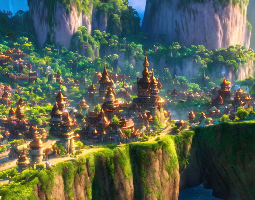 Fantastical landscape with ornate buildings on lush cliffs and waterfalls