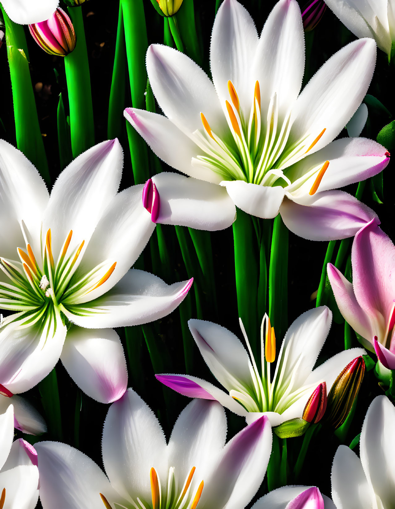 Colorful White Lilies with Yellow and Green Centers and Pink Buds