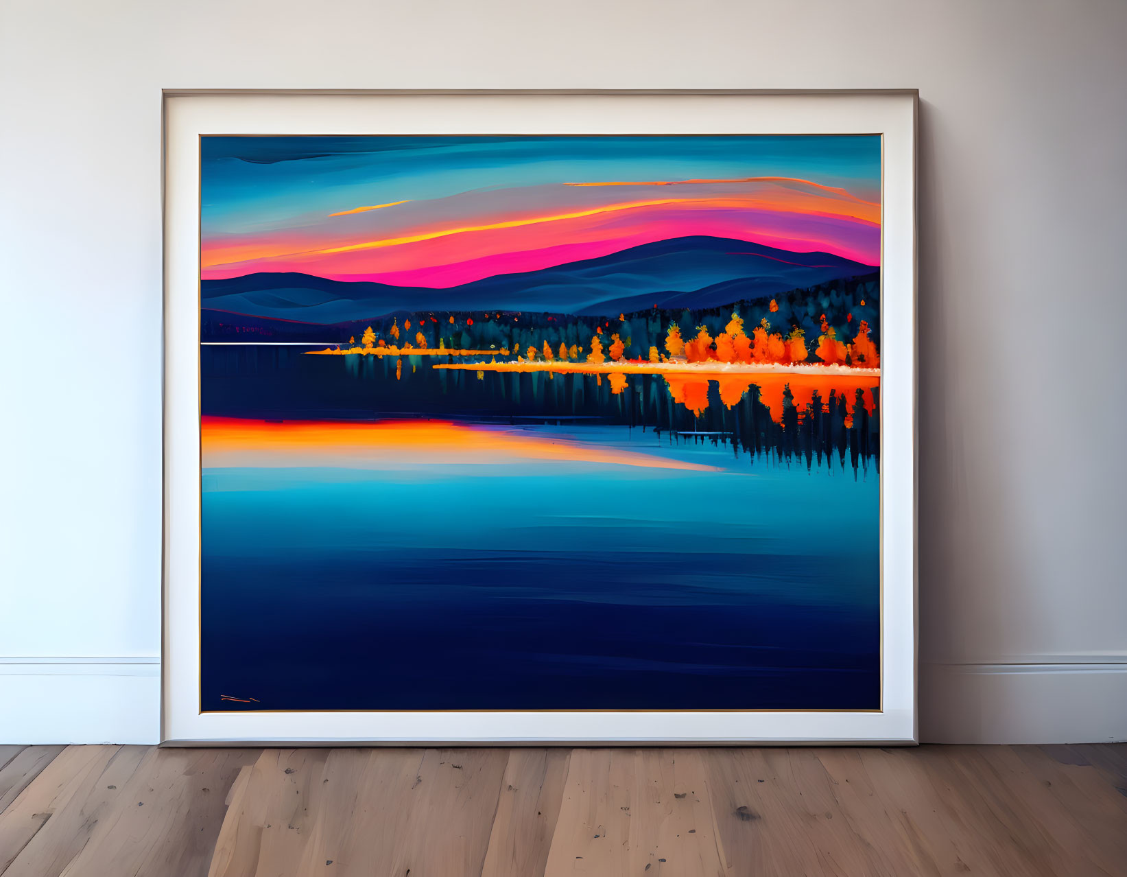 Vibrant sunset landscape painting with lake, trees, and hills