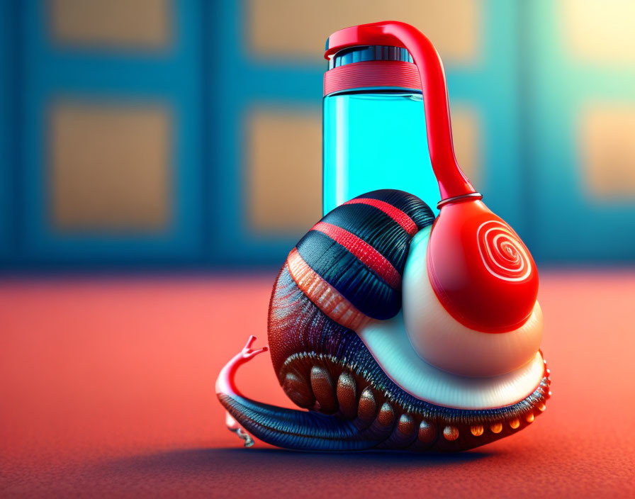 Colorful Stylized Snail Water Bottle Transformation on Blue-Doored Background