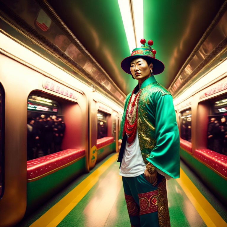 Traditional Korean hanbok worn on vibrant subway platform.